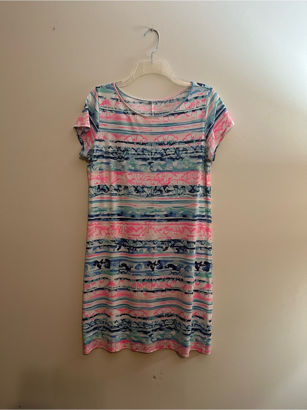 Lilly Pulitzer Pink Blue Striped Watercolor Dress Women’s Sz M 100% Pima Cotton